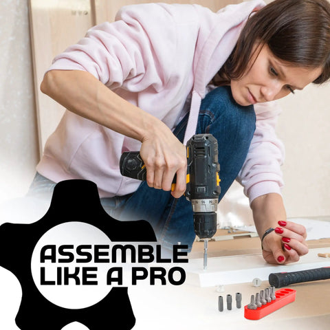 Person using drill with Heavy Duty Torx Star Five Point Tamper Proof Security Bits Set, red case and bits visible