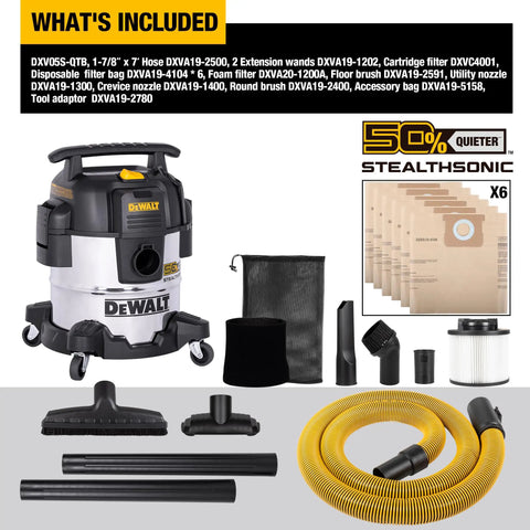 StealthSonic 5 Gallon Wet Dry Shop Vacuum Ultra Quiet With 4 HP Power Stainless Steel Canister Includes 6 Dust Bags