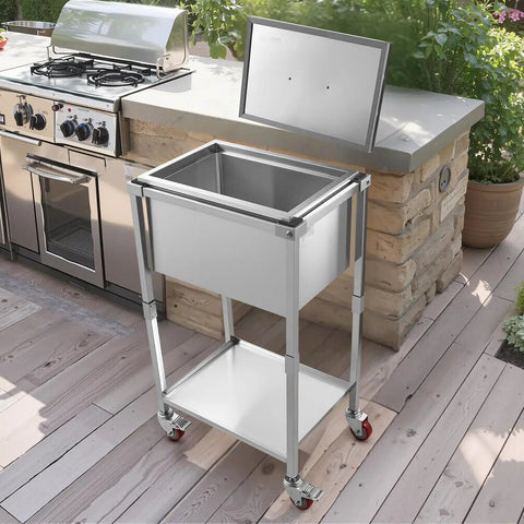 Rolling Ice Chest Cooler Cart With Stainless Steel Build On Wheels 32.8 Quart Drop In Ice Bin for outdoor parties on patio