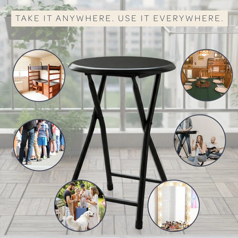 Backless Folding Stool 18 Inch With 225 Lb Capacity, black stool in indoor scenarios with multiple seating uses.