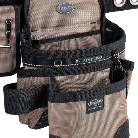 Close-up of Triple Bag Tool Bag Set With Suspenders, Heavy Duty 1680D Poly, Tan and Black, LoadBear Stretch Suspension