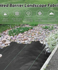 4 Ft By 100 Ft Weed Barrier Landscape Fabric 3.2 Oz Heavy Duty Woven Geotextile installed in a garden path with pebbles