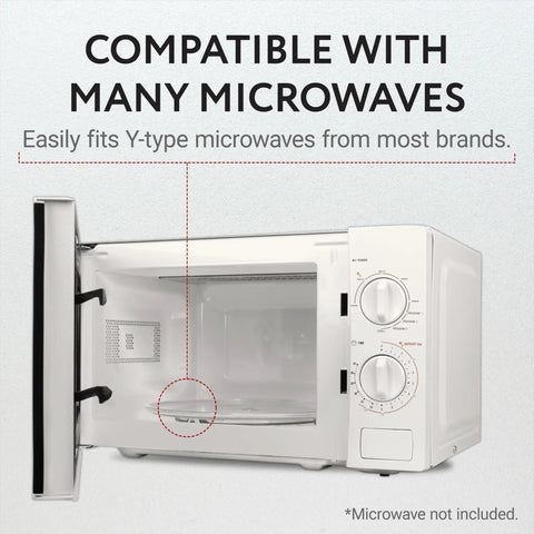 Empty microwave with open door showing compatibility description for 11.25 Inch Microwave Glass Plate Replacement For GE And Samsung Microwaves