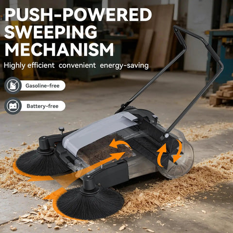43 Inch Walk Behind Floor Sweeper With 15 Gallon Hopper Heavy Duty Industrial Cleaner For Warehouses. Clears Debris Fast With Side Brushes And Big Capacity Dustpan Save Time On Large Commercial Floors Today