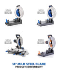 Evolution 14-inch mild steel blade compatibility graphic showing four circular and chop-saw models