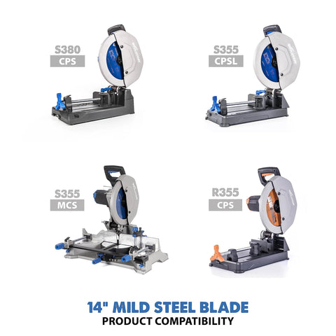 Evolution 14-inch mild steel blade compatibility graphic showing four circular and chop-saw models