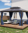 Outdoor Gazebo Curtains 10x12 Navy Blue 4 Panels Sidewalls With Zipper Waterproof Easy Install on patio with furniture