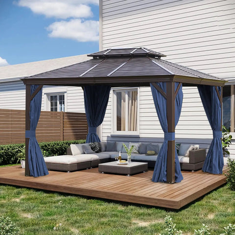 Outdoor Gazebo Curtains 10x12 Navy Blue 4 Panels Sidewalls With Zipper Waterproof Easy Install on patio with furniture