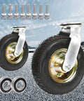 Beefy Heavy Duty Pneumatic Swivel Caster Wheels With Top Plate for carts on road surface with bolts and bearings, front view