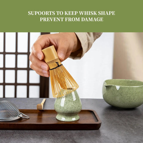 Matcha Whisk Set With Ceramic Bowl And All The Goods, Includes Bamboo Chasen, Holder Stand, Powder Sifter, Scoop, Measuring Spoon And Cup For Ceremonial Grade Tea, Mottled Green