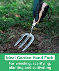 Stainless Steel Hand Fork For Weeding And Planting, Traditional Garden Tool With Ergonomic Ash Wood Handle being used in soil