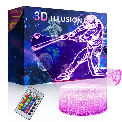 Baseball Man 3D Lamp Night Light with Remote Control, colorful glow and touch sensor, laser-engraved acrylic, safe for kids
