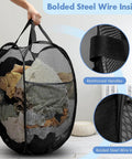 Pop Up Laundry Hamper 70L Collapsible Mesh Bin with Side Pocket and Reinforced Handles, filled with clothes, close-up on floor.