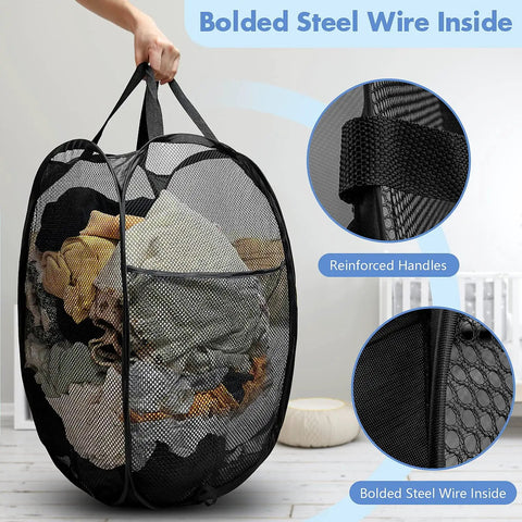 Pop Up Laundry Hamper 70L Collapsible Mesh Bin with Side Pocket and Reinforced Handles, filled with clothes, close-up on floor.