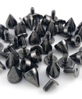 Heavy Duty 100 Piece Gunmetal Cone Spike And Rivet Screw Kit for punk leathercraft, showcasing zinc spikes and steel screws.