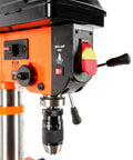 Knockout 10 Inch Benchtop Drill Press With 5 Variable Speeds Up To 3100 Rpm, 3.2 Amp Motor, Built In Laser Guide, Half Inch Keyless Chuck And Solid Cast Iron Table For Badass Weekend Warrior Shops control panel with chuck.