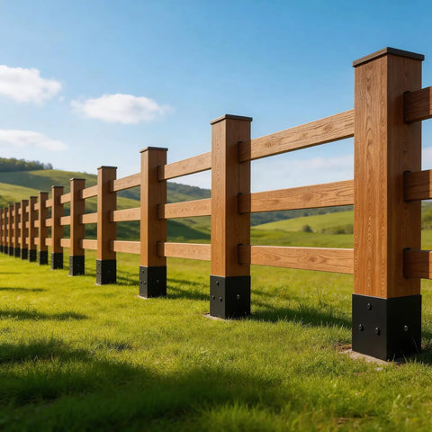 Wooden fence with 4x4 Fence Post Ground Spike Anchor Pack, Black Powder Coated Finish, set in a grassy field, sunny sky.