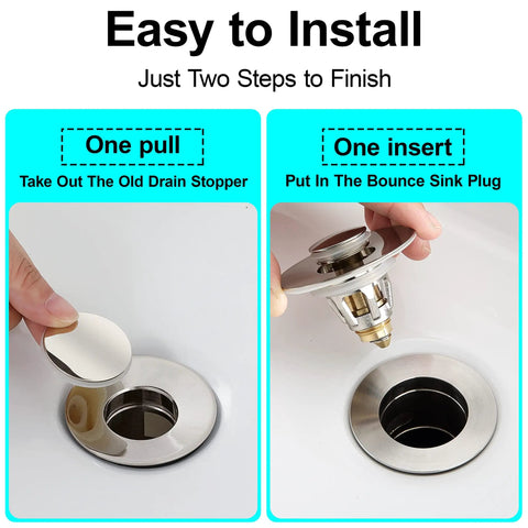 Brushed Nickel Pop Up Sink Stopper With Anti Clogging Strainer For 1.1 To 1.5 Inch Bathroom Drains, easy install, two steps shown