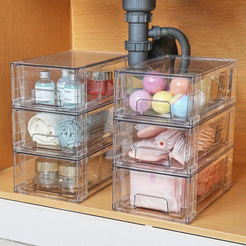 Four stackable clear storage drawers, 12x7.5x4.4 inches, with removable dividers in bathroom organizer for tools and supplies.
