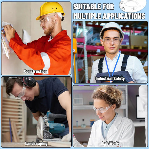 Workers using 50 Pair Clear Safety Glasses ANSI Z87.1 Eye Protection For Men And Women in various job settings