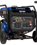 10000 Peak Watt Portable Gas Generator With Remote Electric Start And Transfer Switch Ready Build For No Sweat Camping And Reliable Home Emergency Backup Power Featuring 12 Hour Run Time, side view with control panel.