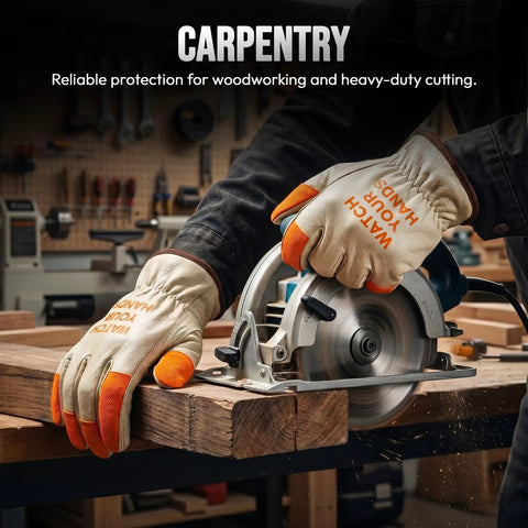 Hi Vis Leather Work Gloves With Orange Tips For Extra Large Hands, Watch Your Hands, Split Cowhide Leather With Keystone Thumb in carpentry.