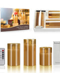 Flameless Led Candles Flickering Real Wax Look Pillar Candles With Moving Flame Fake Wickless Design Battery Operated With Timer Remote Glass Effect For Festival Wedding Home Party Decor, gold finish with packaging and remote control.