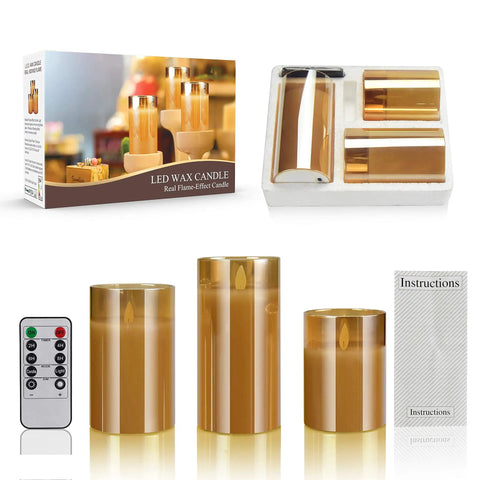 Flameless Led Candles Flickering Real Wax Look Pillar Candles With Moving Flame Fake Wickless Design Battery Operated With Timer Remote Glass Effect For Festival Wedding Home Party Decor, gold finish with packaging and remote control.