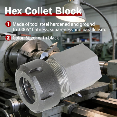ER-32 Hex Collet Block Holder for CNC Lathe and Engraving Machines, tool steel, precision-ground, quick setup, in workshop