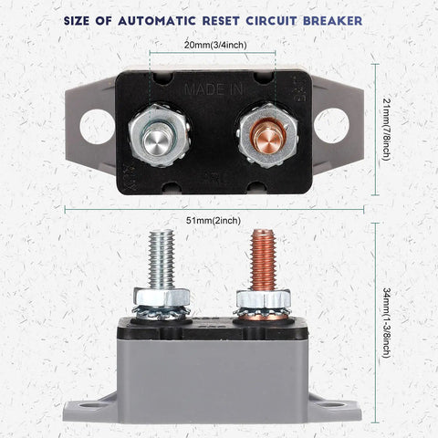 Auto Reset Circuit Breaker 30 Amp For Automotive And Marine Use With Waterproof Cover, Stud Terminal, DC 12V-24V, Overcurrent Protection Keeps Fuses From Burning, Heavy Duty 4 Pack, front view with size markings