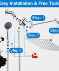 Installation steps for High Pressure Rain Shower Head With Handheld Spray Combo Pro, including showerhead, extension arm, and hose.