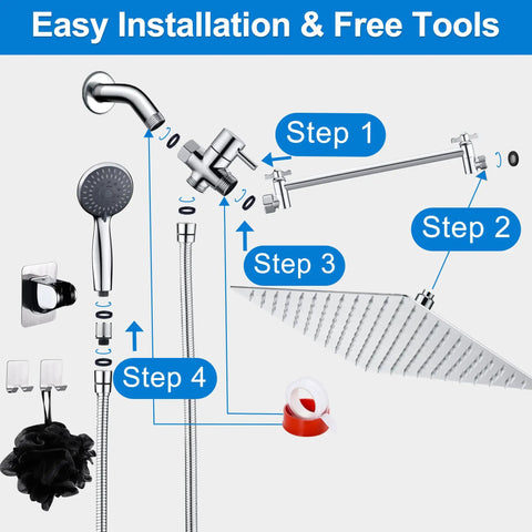 Installation steps for High Pressure Rain Shower Head With Handheld Spray Combo Pro, including showerhead, extension arm, and hose.