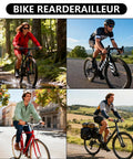 Cyclists showcasing different bike setups with 9 Speed Rear Derailleur For Mountain And Commuter Bikes Direct Mount RD M3100 GS