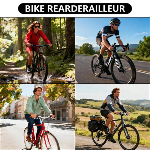 Cyclists showcasing different bike setups with 9 Speed Rear Derailleur For Mountain And Commuter Bikes Direct Mount RD M3100 GS