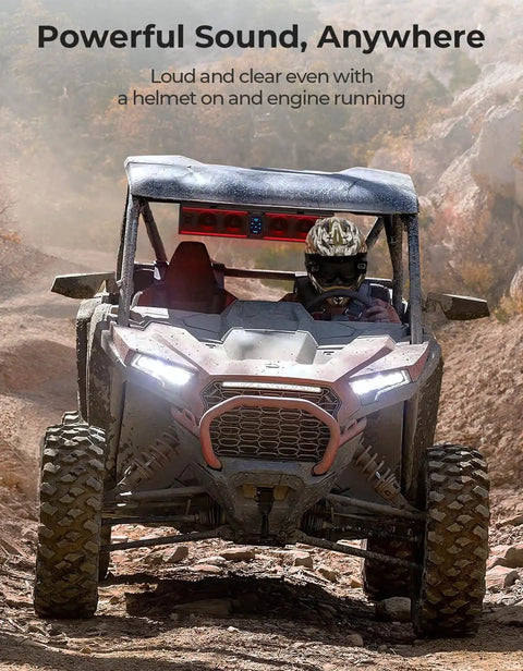 Off-road vehicle with Six Speaker Metal UTV Sound Bar, 25 Inch IP65 Waterproof ATV and Golf Cart Speaker With RGB Lights.