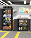36 Inch Locking Metal Storage File Cabinet With Doors And Shelves For Office Home Gym School Kitchen Black The Workhorse For Secure Lockable Storage Of Documents And Supplies Durable Heavy Duty Steel Build displayed in garage setup.