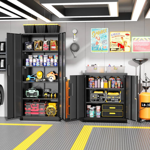 36 Inch Locking Metal Storage File Cabinet With Doors And Shelves For Office Home Gym School Kitchen Black The Workhorse For Secure Lockable Storage Of Documents And Supplies Durable Heavy Duty Steel Build displayed in garage setup.