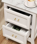 White dresser with Acrylic Drawer Pulls Set in Gold Brushed Brass Finish for Cabinets and Dressers, showing open drawers.