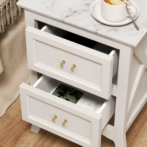White dresser with Acrylic Drawer Pulls Set in Gold Brushed Brass Finish for Cabinets and Dressers, showing open drawers.