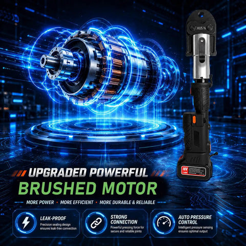 Heavy Duty 60Kn Electric Copper Crimping Tool 18V Brushless Motor Press Kit near powerful motor graphic, highlighting features.