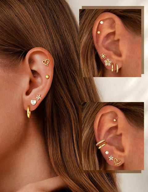 Gold Stud And Hoop Earring Set For Women With Eight Pairs Of Studs And Two Pairs Of Hoops, 14K Gold Plated CZ, Hypoallergenic Jewelry Gift, Dainty Flower And Heart Designs For Everyday Wear Or Night Out on ear model