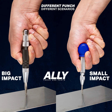 Straight Up Badass Heavy Duty Automatic Center Punch Kit With Six And Five Inch Options Featuring Adjustable Spring Tension For Marking Metal Wood Glass And Plastic Plus Chrome Body demonstrating big and small impact tools.