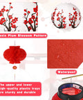 40 Piece Japanese Chinese Paper Lantern Decor Set With LED Lights For Indoor And Outdoor Use Cherry Blossom And Red Lanterns Includes 2 Sushi 2 Ramen 6 Cherry Blossom 20 Chinese Red 10 LED Lights showing classic plum blossom pattern, waterproof material, and durable trays
