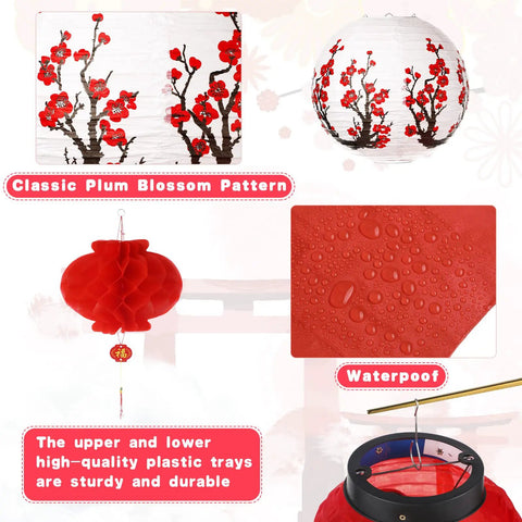 40 Piece Japanese Chinese Paper Lantern Decor Set With LED Lights For Indoor And Outdoor Use Cherry Blossom And Red Lanterns Includes 2 Sushi 2 Ramen 6 Cherry Blossom 20 Chinese Red 10 LED Lights showing classic plum blossom pattern, waterproof material, and durable trays