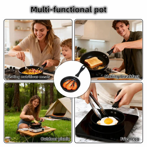 4.7 Inch Mini Frying Pan Nonstick For One Egg Breakfast with scenes of cooking indoors and outdoors, showing versatility.