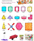 Magnetic Tiles Building Blocks Set For Kids 100 Pieces Fun Educational STEM Toy components displayed with measurements