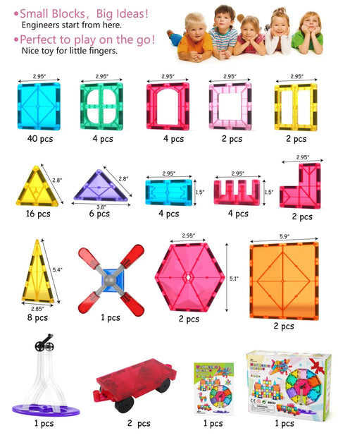 Magnetic Tiles Building Blocks Set For Kids 100 Pieces Fun Educational STEM Toy components displayed with measurements