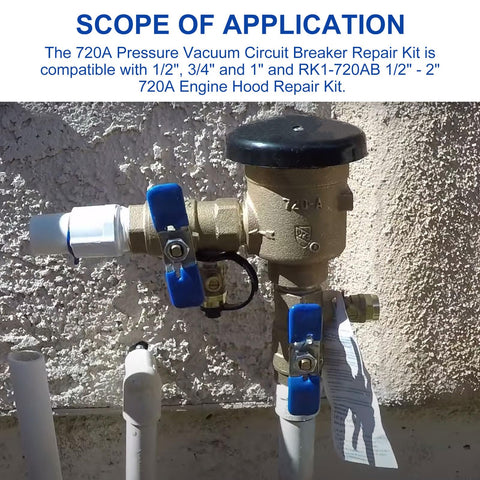 Pressure Vacuum Breaker Repair Kit And Bonnet Repair Kit RK1 720A installed on wall-mounted piping system.