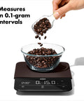 Precision Coffee Scale With Built In Timer For Pour Over, 6 Pound Capacity, showcasing coffee beans being weighed in 0.1 gram steps