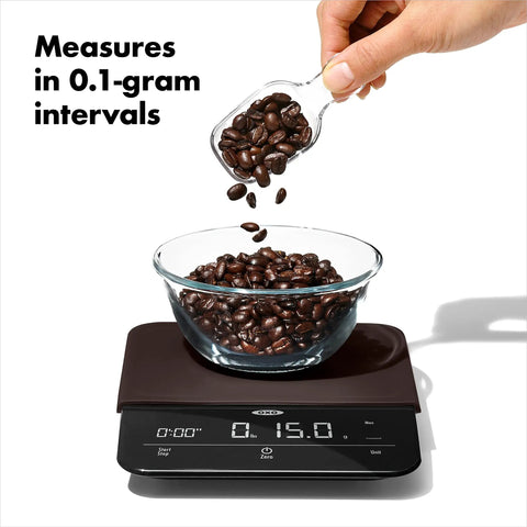 Precision Coffee Scale With Built In Timer For Pour Over, 6 Pound Capacity, showcasing coffee beans being weighed in 0.1 gram steps